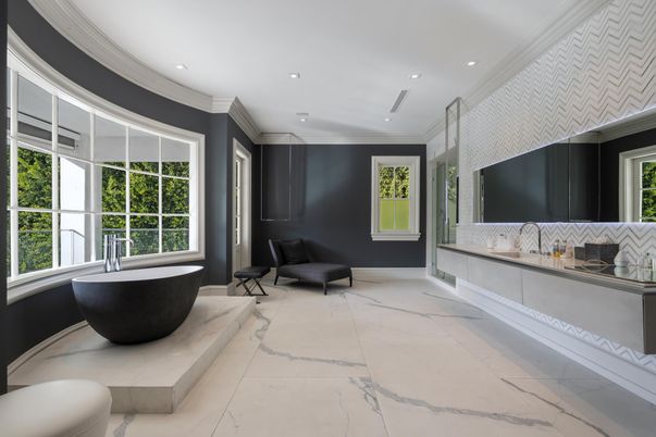 Bathroom, Free Standing Baths, Interior, Marble, Recessed Lighting