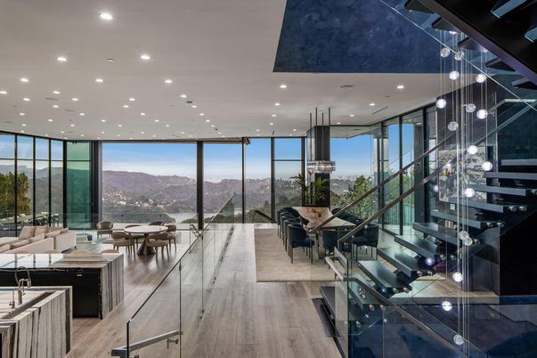 Dining room, Interior, Pendant Lights, Recessed Lighting, Wood Texture Flooring