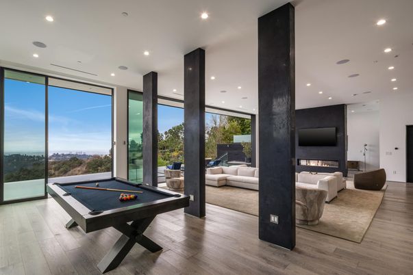 Billiard Table, Fireplace, Game Room, Interior, Recessed Lighting, Wood Texture Flooring
