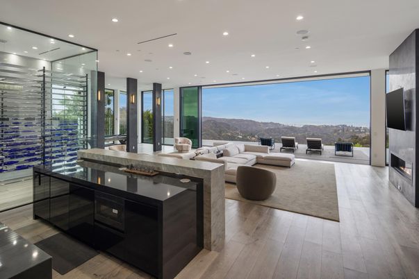 Fireplace, Interior, Living room, Recessed Lighting, Wood Texture Flooring