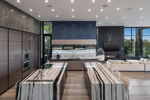 Fireplace, Interior, Kitchen, Living room, Recessed Lighting, Stainless Steel Appliances, Wood Texture Flooring