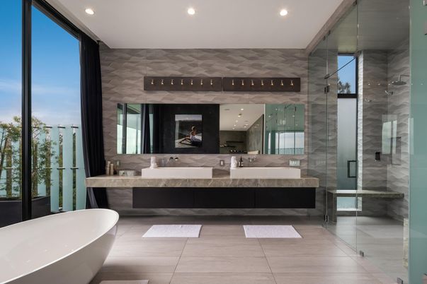 Bathroom, Dual Sink Vanities, Free Standing Baths, Glass Shower, Interior, Recessed Lighting