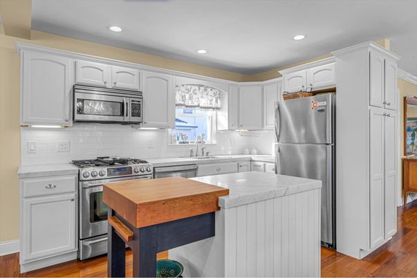 Interior, Kitchen, Recessed Lighting, Stainless Steel Appliances, Wood Texture Flooring