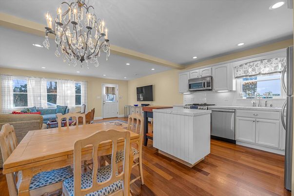 Chandelier, Dining room, Interior, Kitchen, Living room, Recessed Lighting, Stainless Steel Appliances, Wood Texture Flooring
