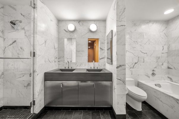 Bathroom, Dual Sink Vanities, Interior, Marble Walls, Recessed Lighting