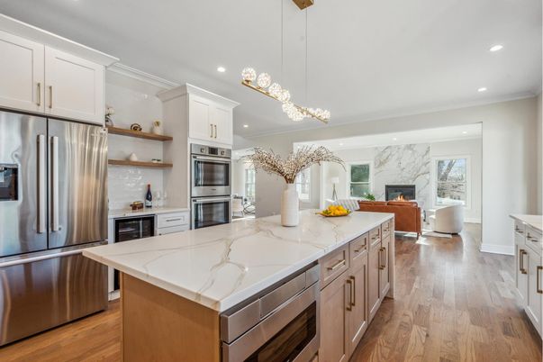 Fireplace, Interior, Kitchen, Pendant Lights, Recessed Lighting, Stainless Steel Appliances, Wood Texture Flooring