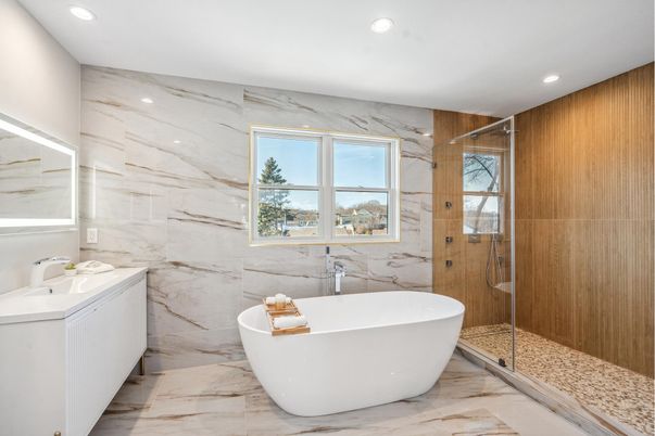 Bathroom, Free Standing Baths, Glass Shower, Interior, Marble, Marble Walls, Recessed Lighting