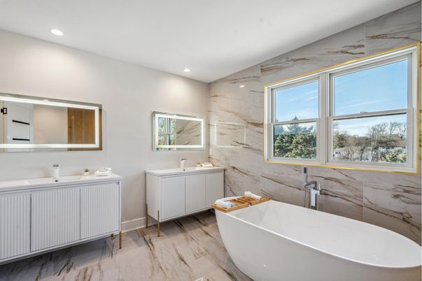 Bathroom, Dual Sink Vanities, Free Standing Baths, Interior, Marble, Marble Walls, Recessed Lighting