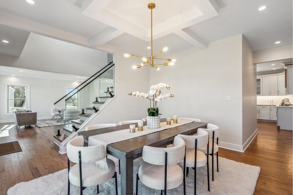 Dining room, Interior, Living room, Pendant Lights, Recessed Lighting, Wood Texture Flooring
