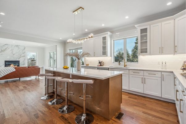 Fireplace, Interior, Kitchen, Living room, Pendant Lights, Recessed Lighting, Wood Texture Flooring