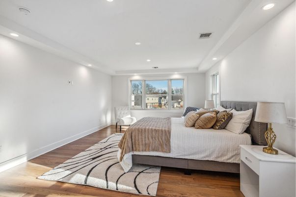 Bedroom, Interior, Recessed Lighting, Wood Texture Flooring