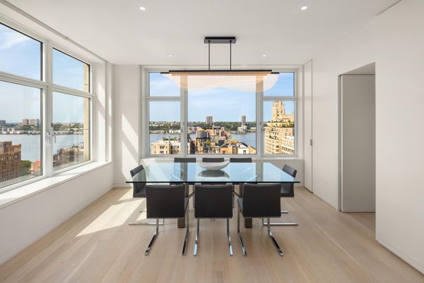 Dining room, Interior, Pendant Lights, Recessed Lighting, Water, Wood Texture Flooring