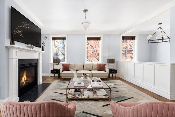 Fireplace, Interior, Living room, Pendant Lights, Wood Texture Flooring