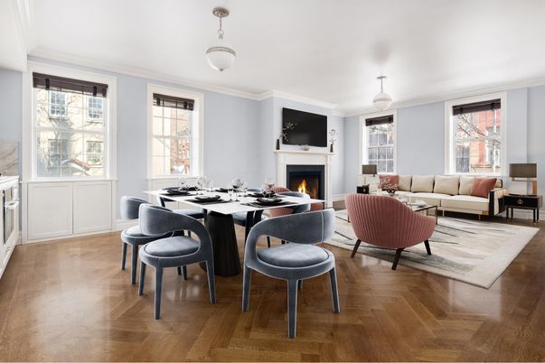 Dining room, Fireplace, Interior, Living room, Pendant Lights, Wood Texture Flooring