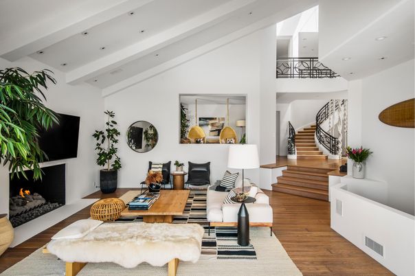 Fireplace, Interior, Living room, Recessed Lighting, Wood Texture Flooring