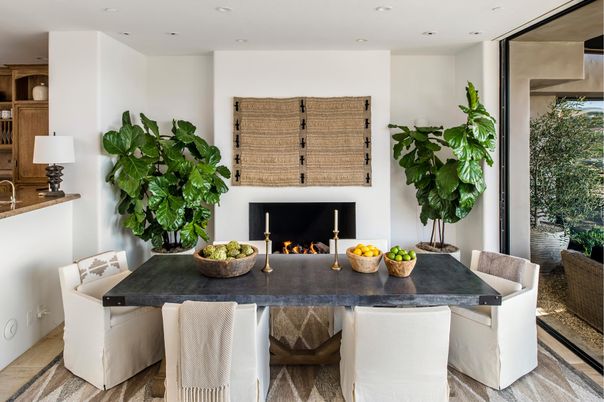 Dining room, Fireplace, Interior, Recessed Lighting, Wood Texture Flooring