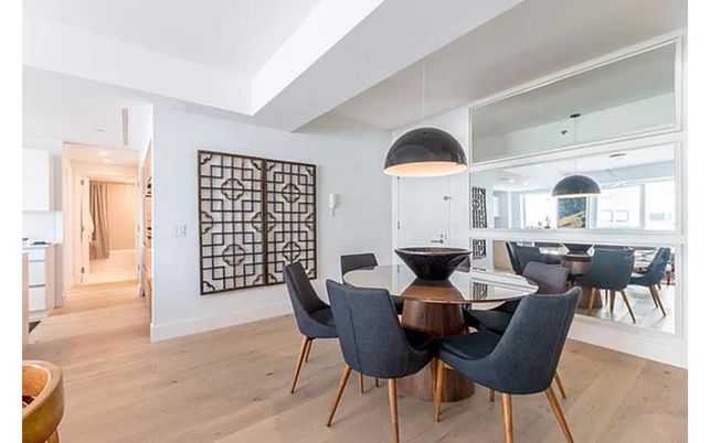 Dining room, Interior, Pendant Lights, Recessed Lighting, Wood Texture Flooring