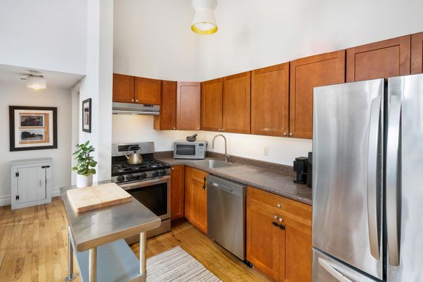 Interior, Kitchen, Stainless Steel Appliances, Wood Texture Flooring