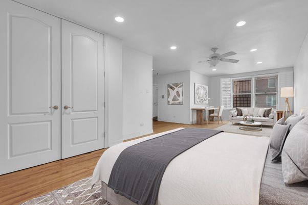Bedroom, Interior, Recessed Lighting, Wood Texture Flooring