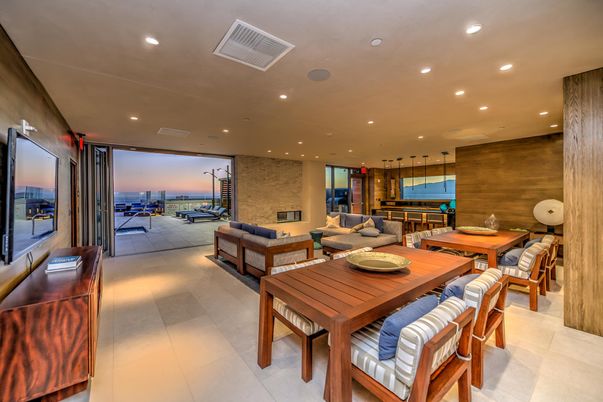 Dining room, Interior, Living room, Pendant Lights, Recessed Lighting, Stone Walls