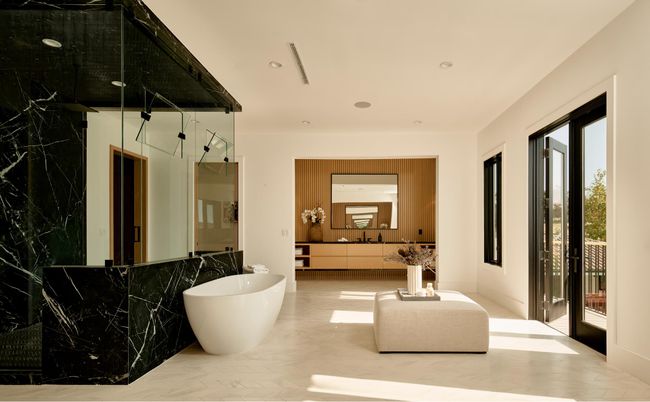 Bathroom, Dual Sink Vanities, Free Standing Baths, Interior, Marble, Marble Walls, Recessed Lighting