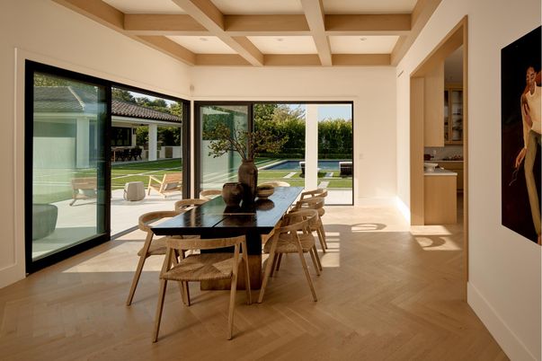 Dining room, Interior, Recessed Lighting, Wooden Beams, Wood Texture Flooring