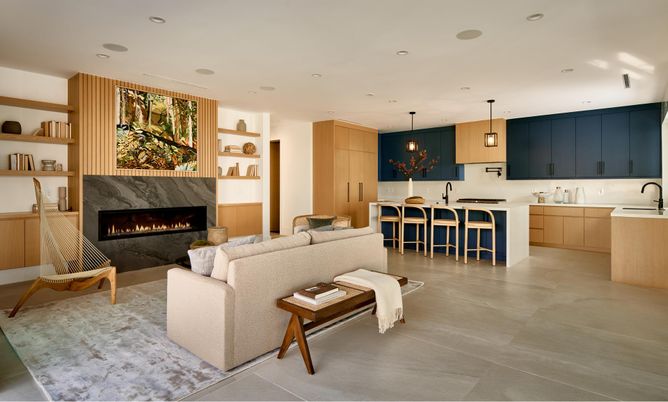 Fireplace, Interior, Kitchen, Living room, Pendant Lights, Recessed Lighting
