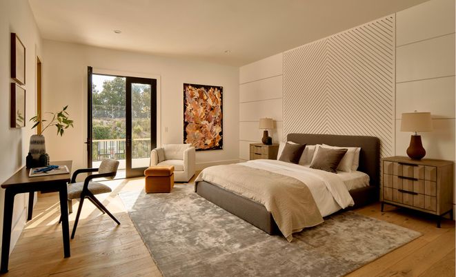 Bedroom, Interior, Recessed Lighting, Wood Texture Flooring