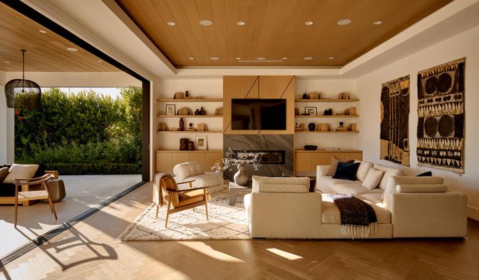 Fireplace, Interior, Living room, Pendant Lights, Recessed Lighting, Wooden Ceilings, Wood Texture Flooring