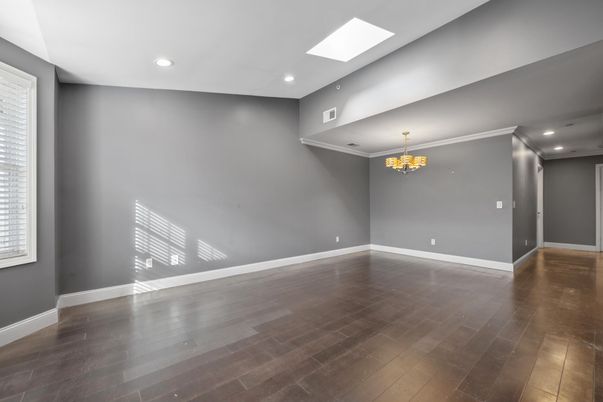 Chandelier, Empty room, Interior, Recessed Lighting, Wood Texture Flooring