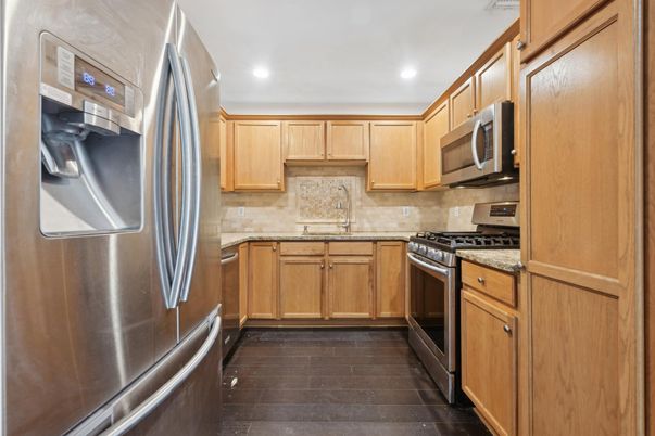 Interior, Kitchen, Recessed Lighting, Stainless Steel Appliances, Wood Texture Flooring