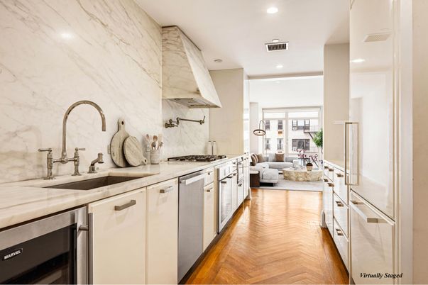 Interior, Kitchen, Living room, Marble Walls, Recessed Lighting, Wood Texture Flooring