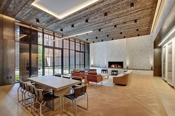 Dining room, Fireplace, Interior, Living room, Recessed Lighting, Wood Texture Flooring