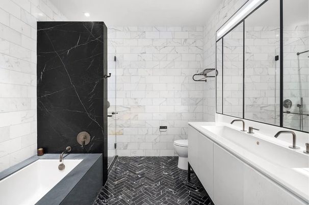 Bathroom, Glass Shower, Interior, Marble Walls, Recessed Lighting