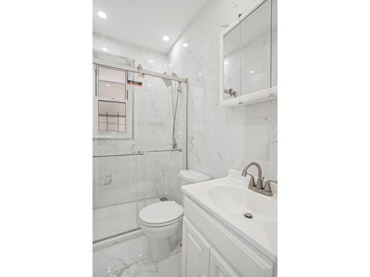 Bathroom, Glass Shower, Interior, Marble, Marble Walls, Recessed Lighting