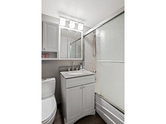 Bathroom, Glass Shower, Interior, Wood Texture Flooring