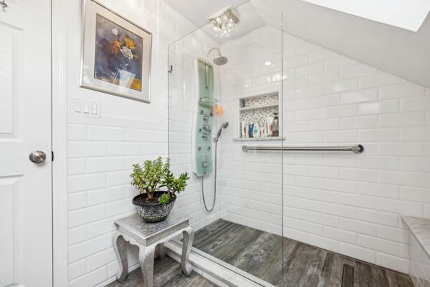 Bathroom, Glass Shower, Interior, Wood Texture Flooring