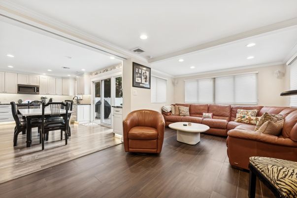 Dining room, Interior, Kitchen, Living room, Recessed Lighting, Wood Texture Flooring