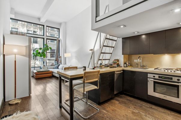 Interior, Kitchen, Living room, Recessed Lighting, Stainless Steel Appliances, Wood Texture Flooring