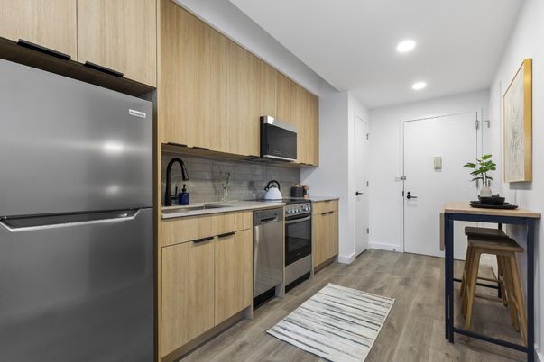 Interior, Kitchen, Recessed Lighting, Stainless Steel Appliances, Wood Texture Flooring