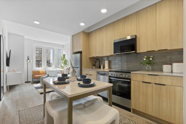 Dining room, Interior, Kitchen, Living room, Recessed Lighting, Stainless Steel Appliances, Wood Texture Flooring