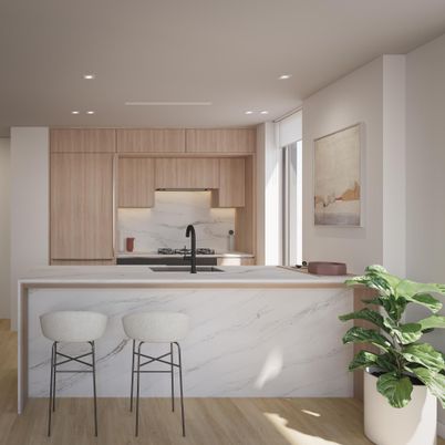 Interior, Kitchen, Marble Walls, Recessed Lighting, Stainless Steel Appliances, Wood Texture Flooring
