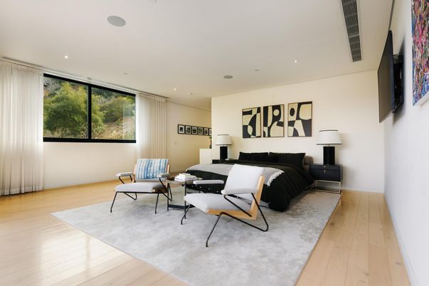 Bedroom, Interior, Living room, Recessed Lighting, Wood Texture Flooring