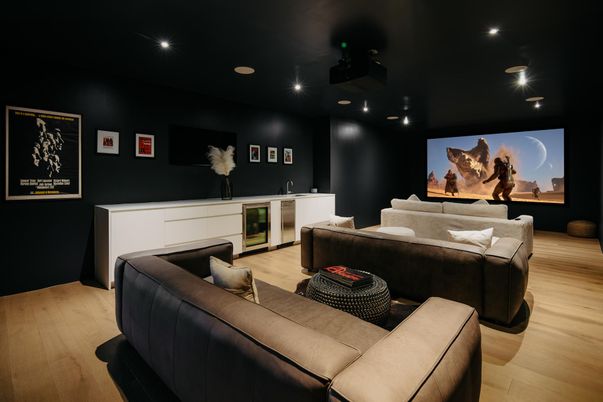 Interior, Projection Screen, Recessed Lighting, Theatre Room, Wood Texture Flooring