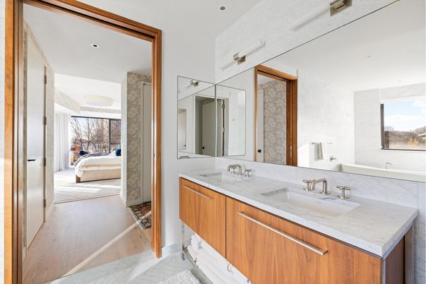 Bathroom, Bedroom, Dual Sink Vanities, Interior, Marble, Recessed Lighting, Wood Texture Flooring