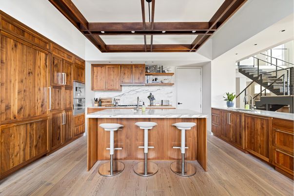 Interior, Kitchen, Marble Walls, Recessed Lighting, Wooden Beams, Wood Texture Flooring