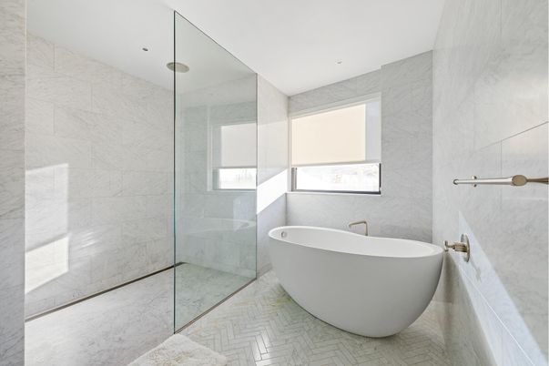 Bathroom, Free Standing Baths, Glass Shower, Interior, Marble Walls, Recessed Lighting