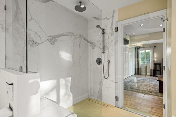 Bathroom, Glass Shower, Interior, Marble Walls, Recessed Lighting, Wood Texture Flooring