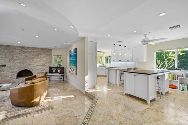 Fireplace, Interior, Kitchen, Pendant Lights, Recessed Lighting, Stone Walls