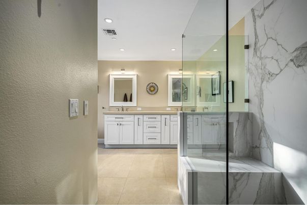 Bathroom, Dual Sink Vanities, Interior, Marble Walls, Recessed Lighting